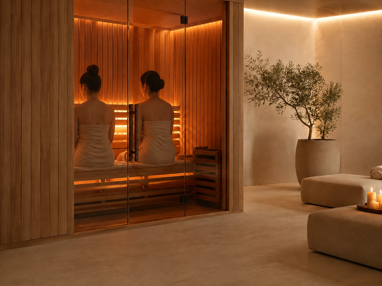 Two members sharing a quiet sauna ritual
