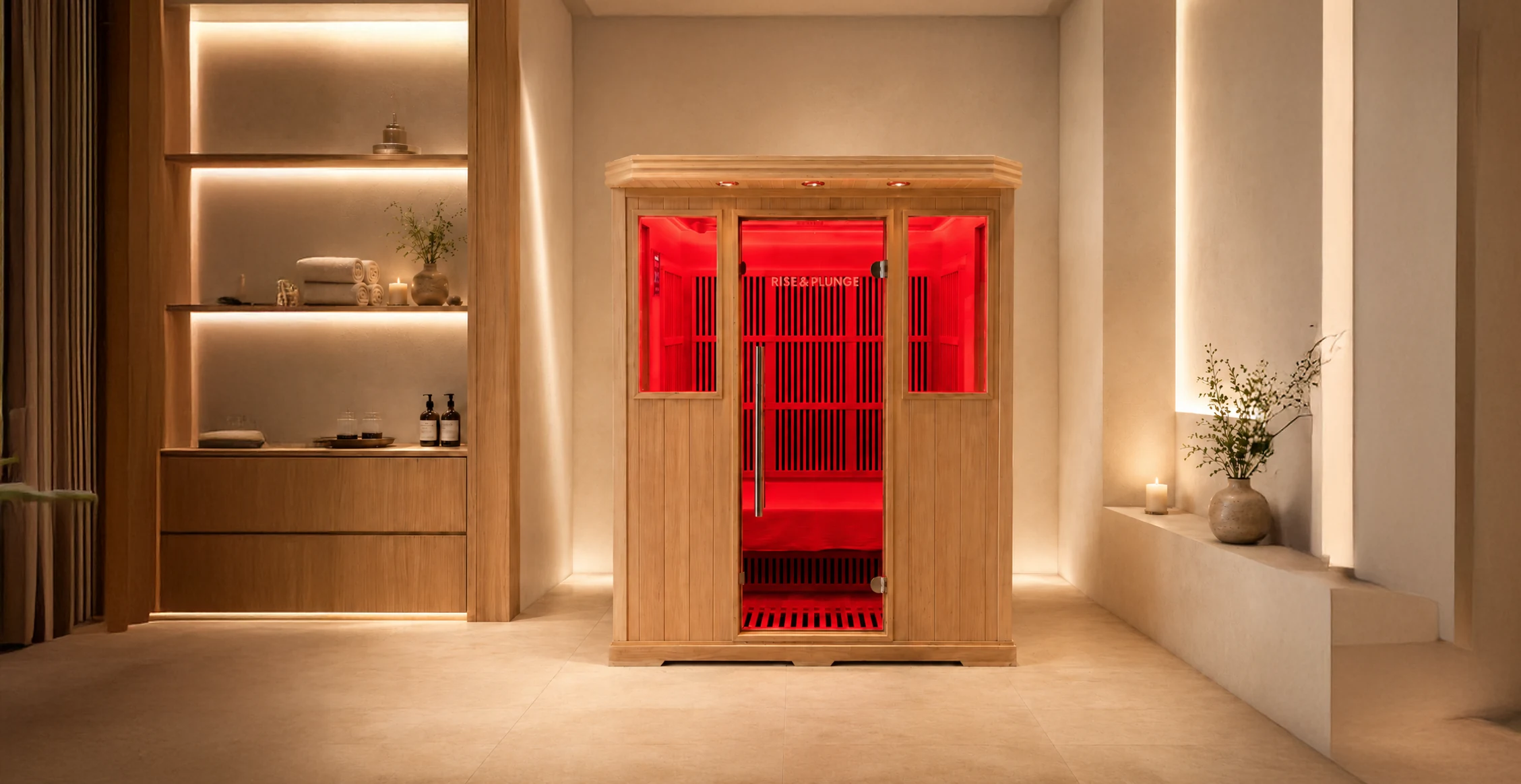 A cedar sauna with red light therapy in a calm private suite