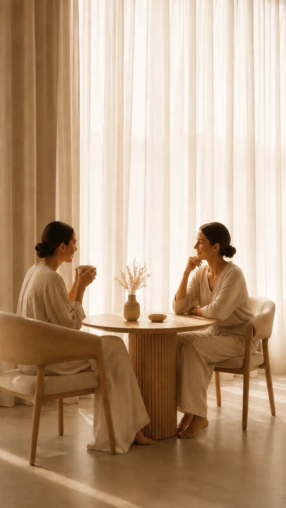 Two women sharing a quiet conversation in a warm wellness lounge